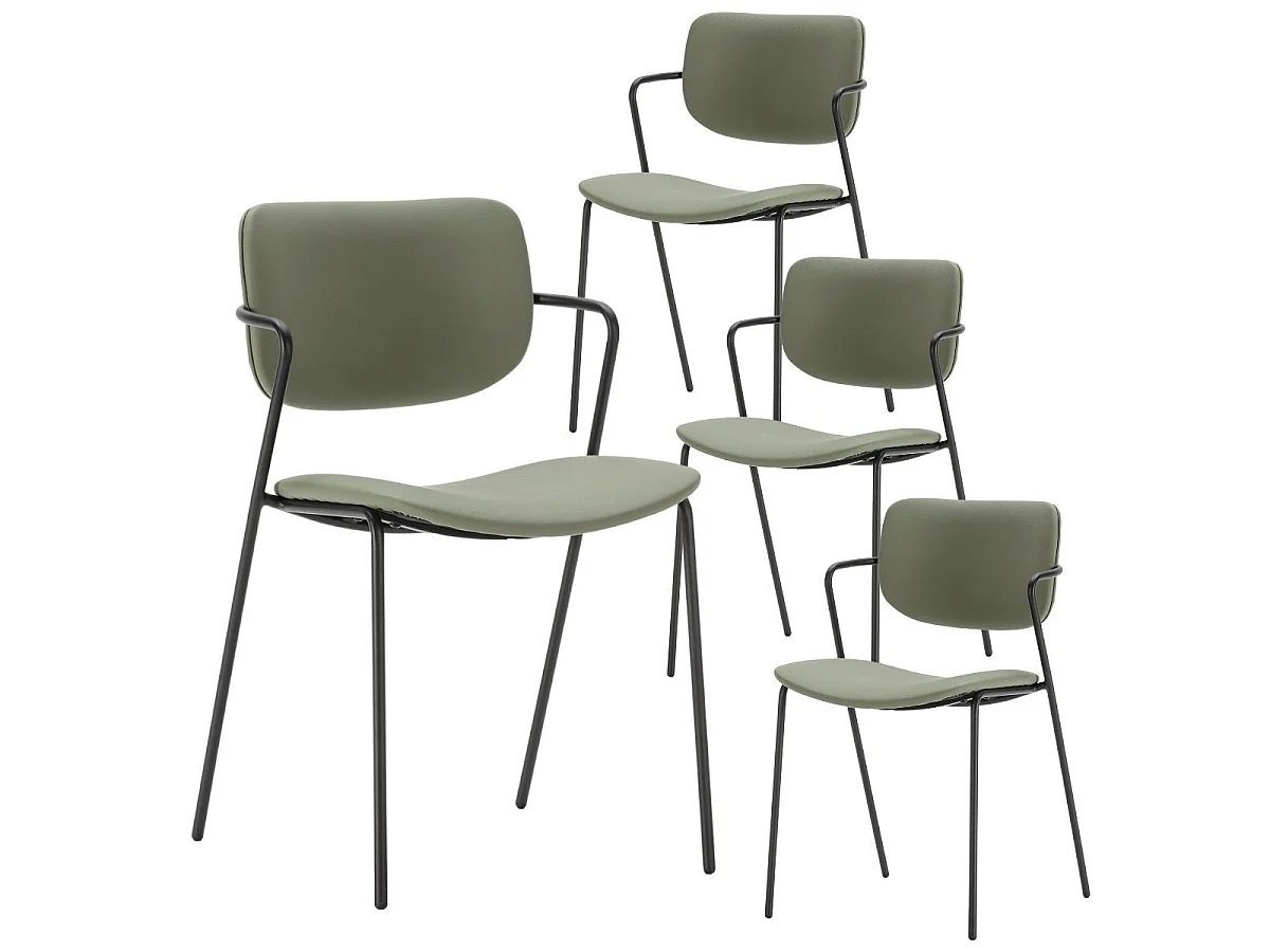 Table ronde design + 4 chaises PU vert et métal noir - AMAEL