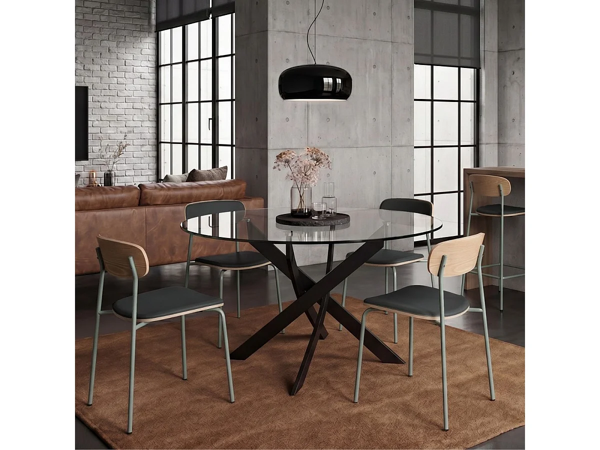 Table ronde design + 4 chaises bois-PU gris bleuté et métal noir - DESIAL