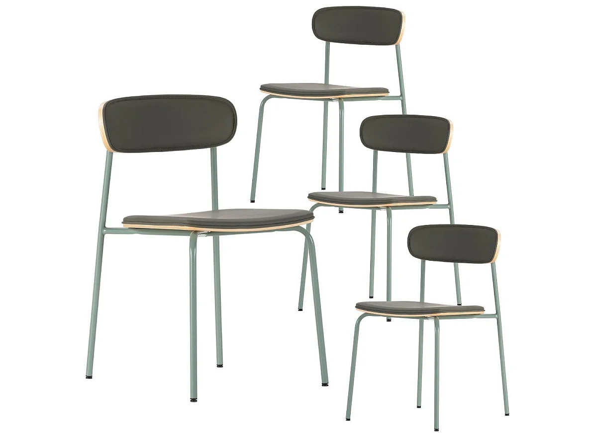 Table ronde design + 4 chaises bois-PU gris bleuté et métal noir - DESIAL