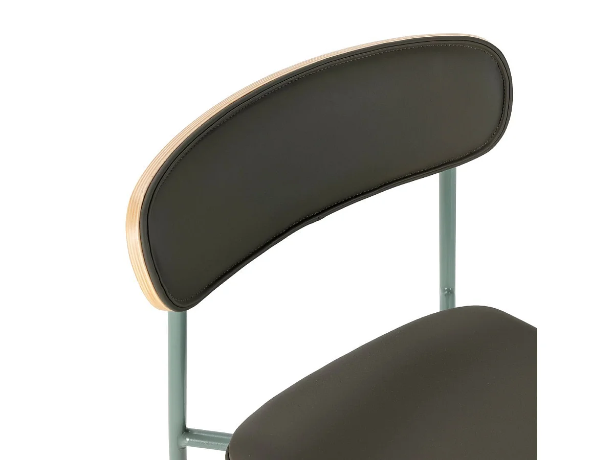 Table ronde design + 4 chaises bois-PU gris bleuté et métal noir - DESIAL