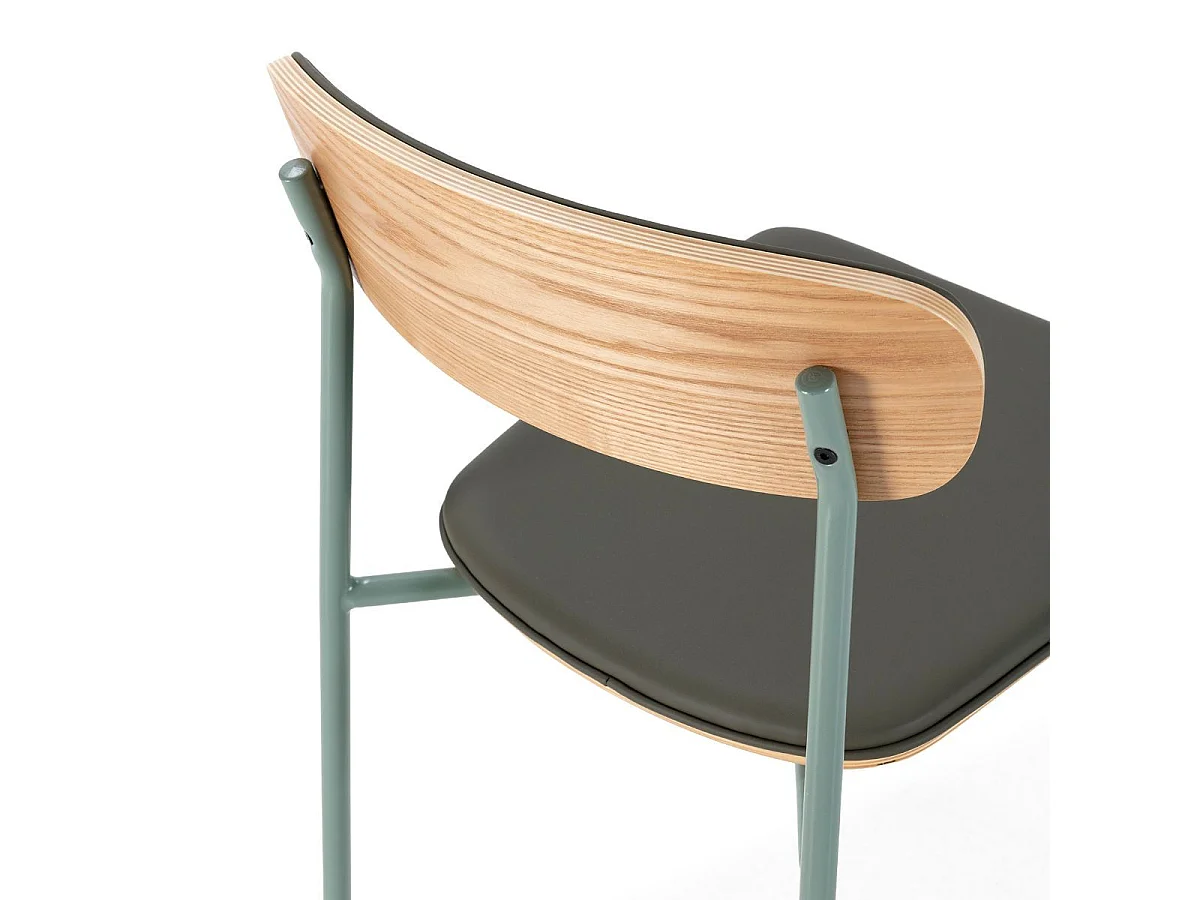 Table ronde design + 4 chaises bois-PU gris bleuté et métal noir - DESIAL