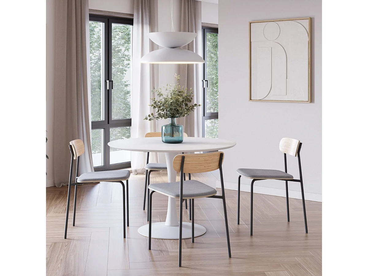 Table ronde blanche + 4 chaises bois taupe et métal noir - CANTIQUE