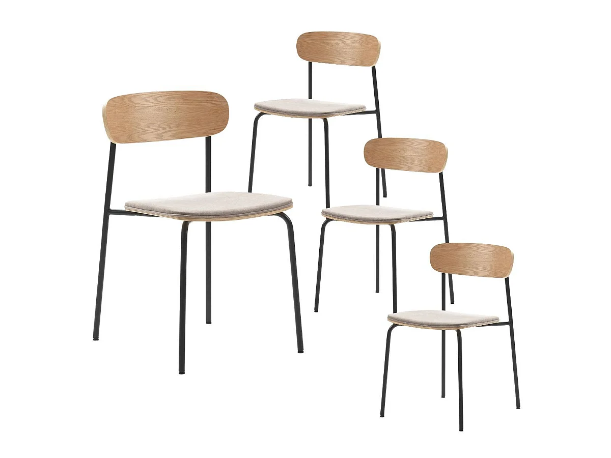 Table ronde blanche + 4 chaises bois taupe et métal noir - CANTIQUE