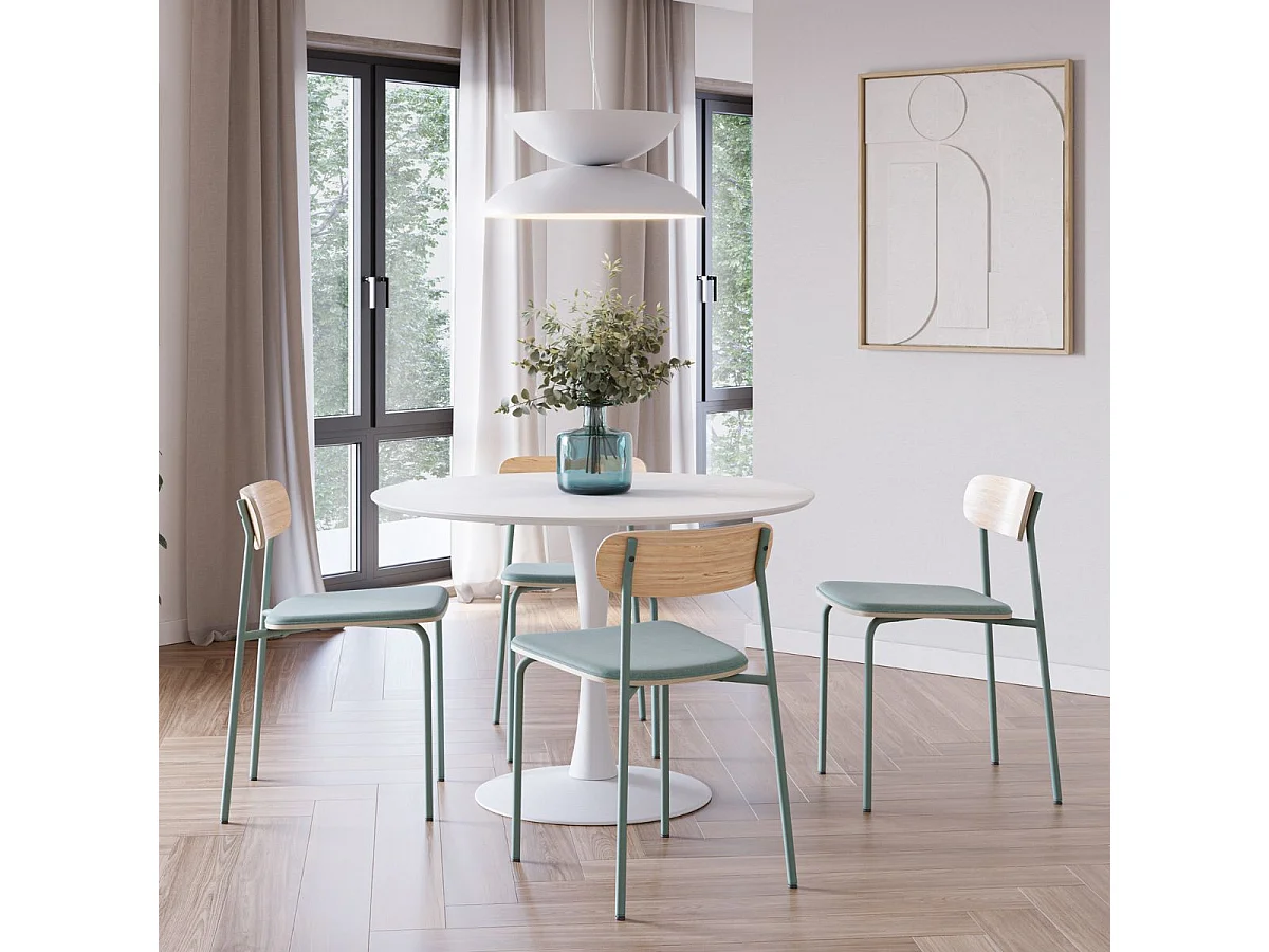 Table ronde blanche + 4 chaises bois et métal aigue-marine - CANTIQUE