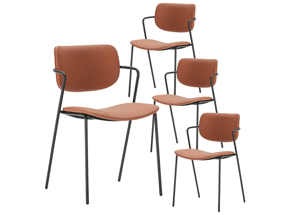 Table ronde design + 4 chaises PU brique et métal noir - AMAEL