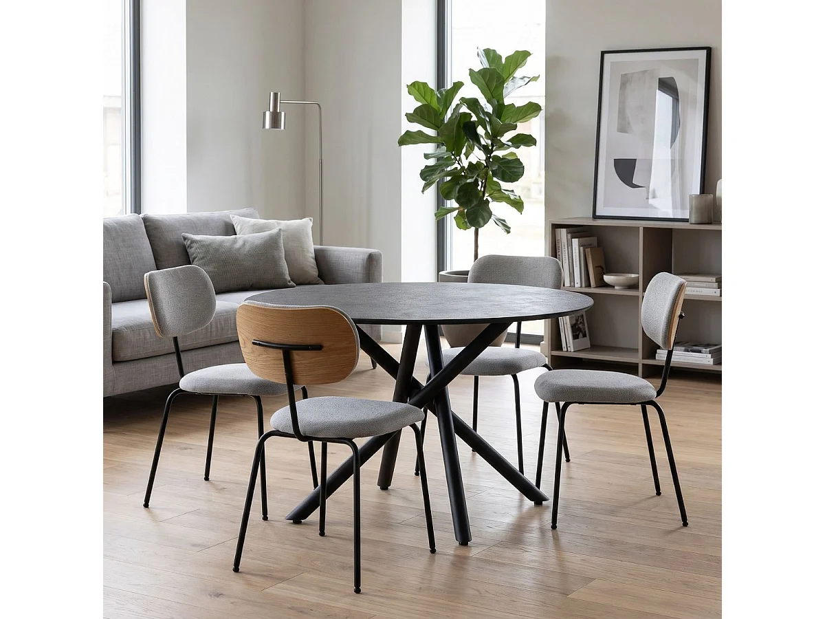 Table ronde design + 4 chaises tissu gris et métal noir - AMAEL