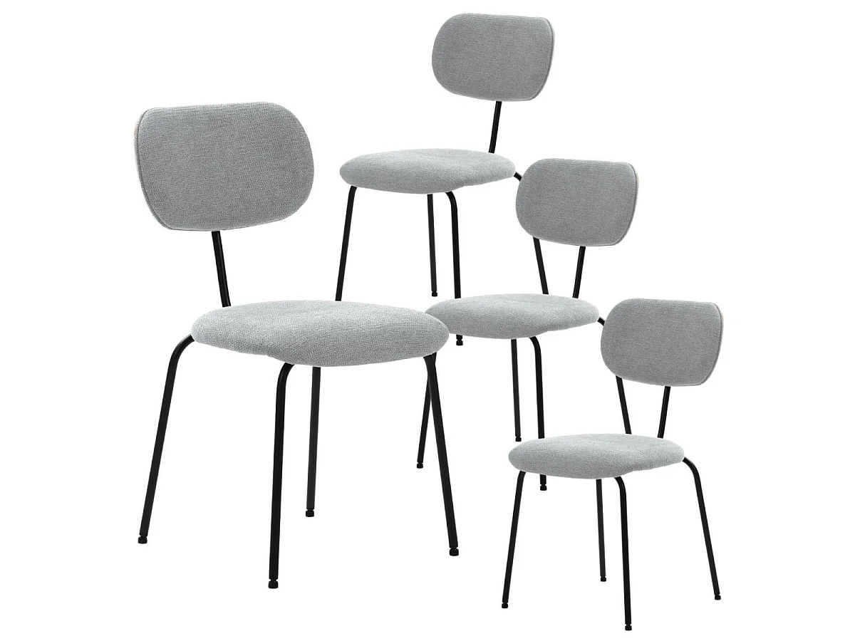Table ronde design + 4 chaises tissu gris et métal noir - AMAEL