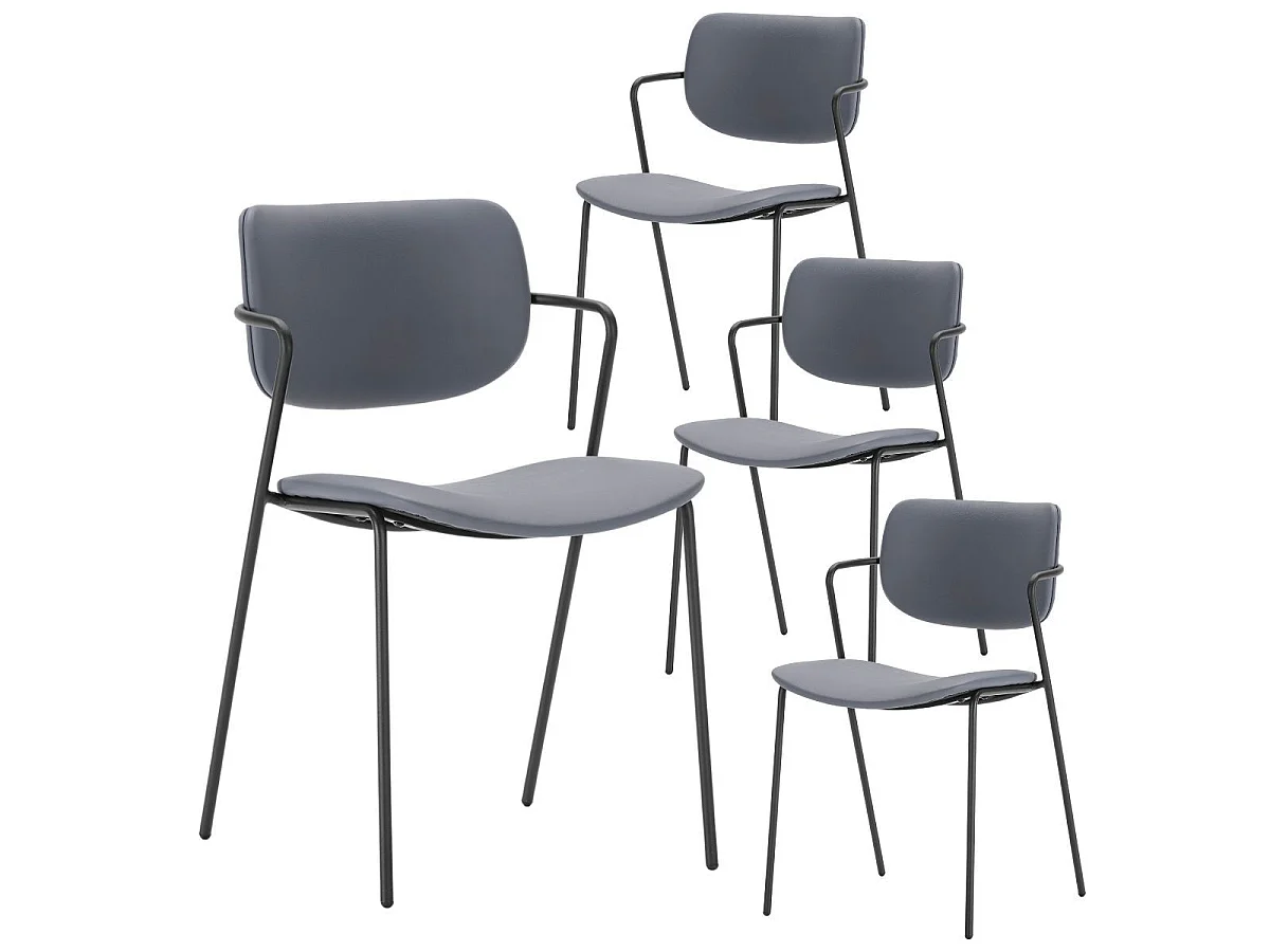 Table ronde design + 4 chaises PU gris bleuté et métal noir - AMAEL