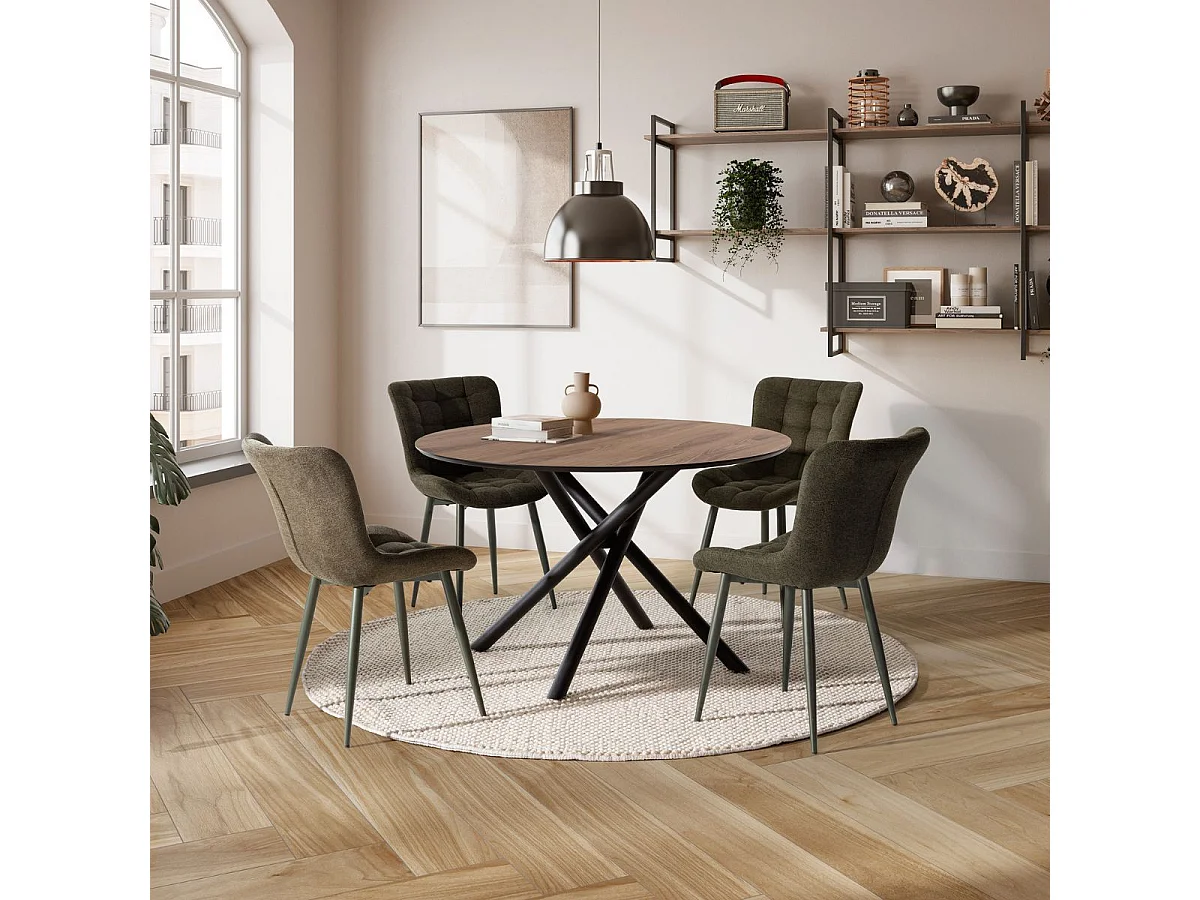 Table ronde design + 4 chaises tissu vert pieds métal noir - AMAEL