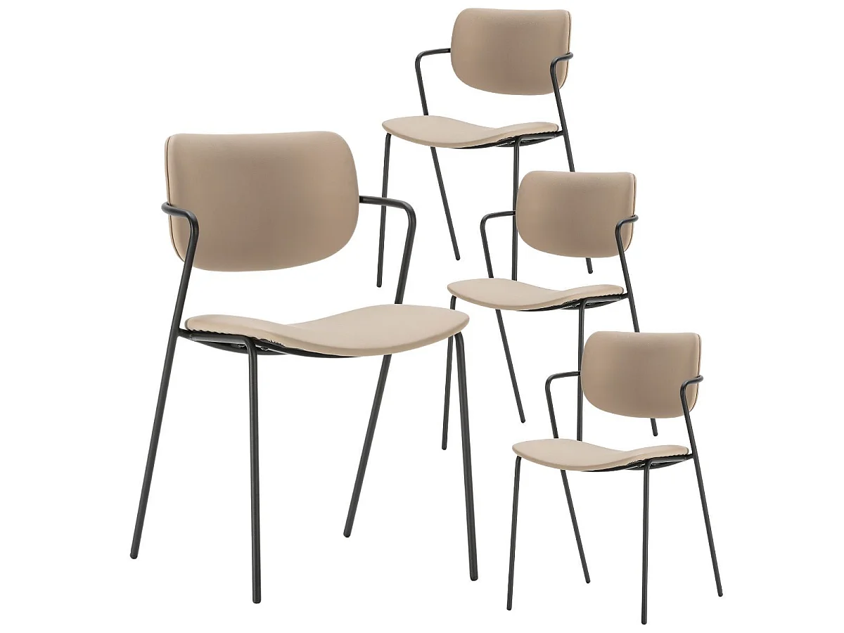 Table ronde design + 4 chaises PU beige et métal noir - AMAEL