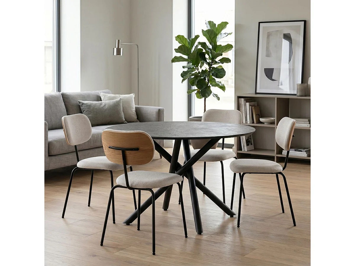 Table ronde design + 4 chaises tissu beige et métal noir - AMAEL