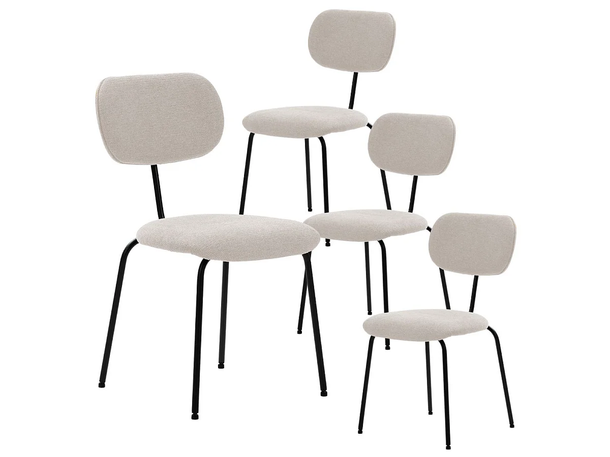 Table ronde design + 4 chaises tissu beige et métal noir - AMAEL