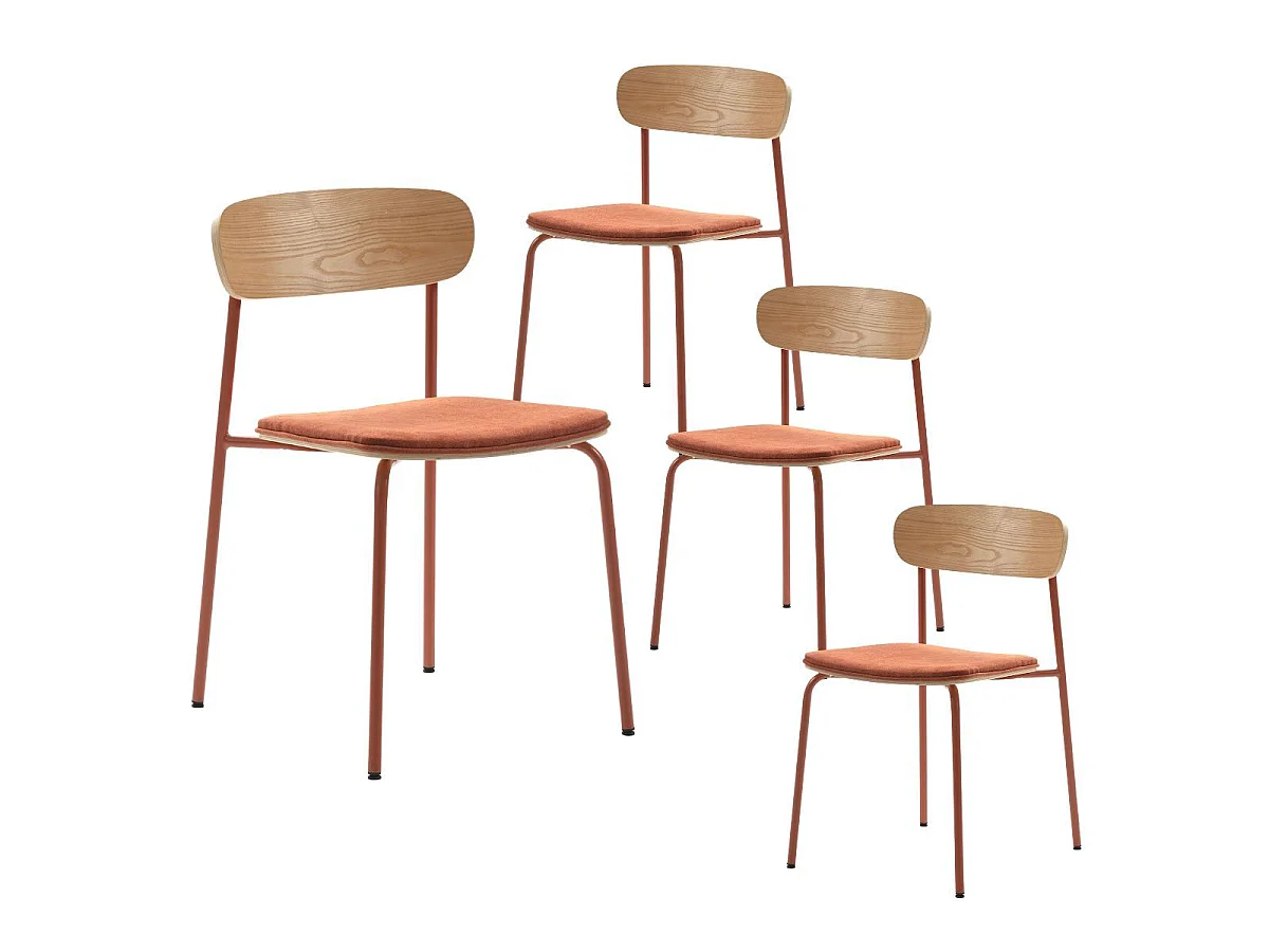 Table ronde blanche + 4 chaises bois et métal brique - CANTIQUE