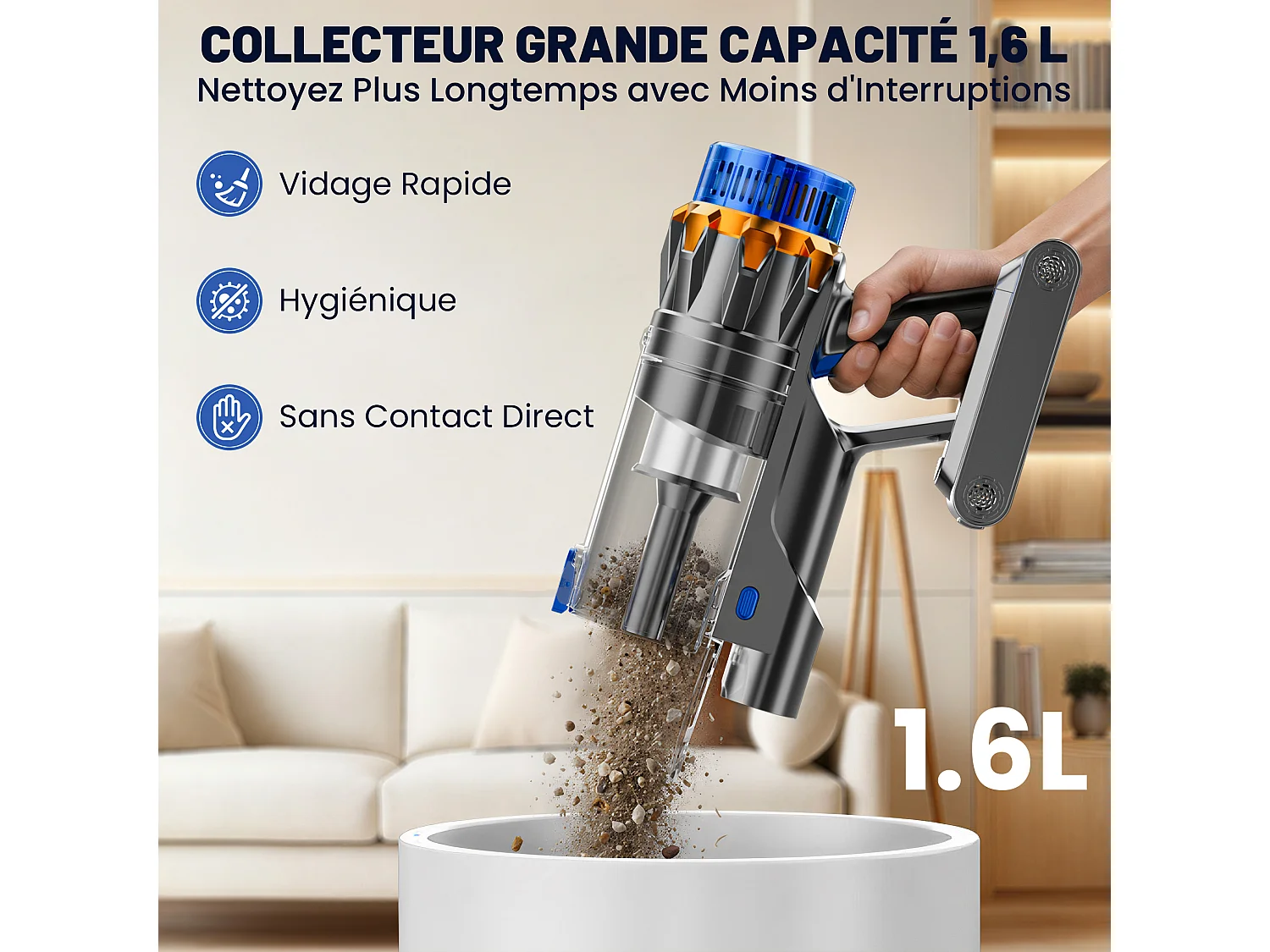 MESYA ZV10 Aspirateur Balai Sans Fil, 650W/70KPa/75Min, LED Tactile/Batterie Amovible, Anti-Emmêlement, Bac 1,6L, Chargeur Mural, Poils & Tapis