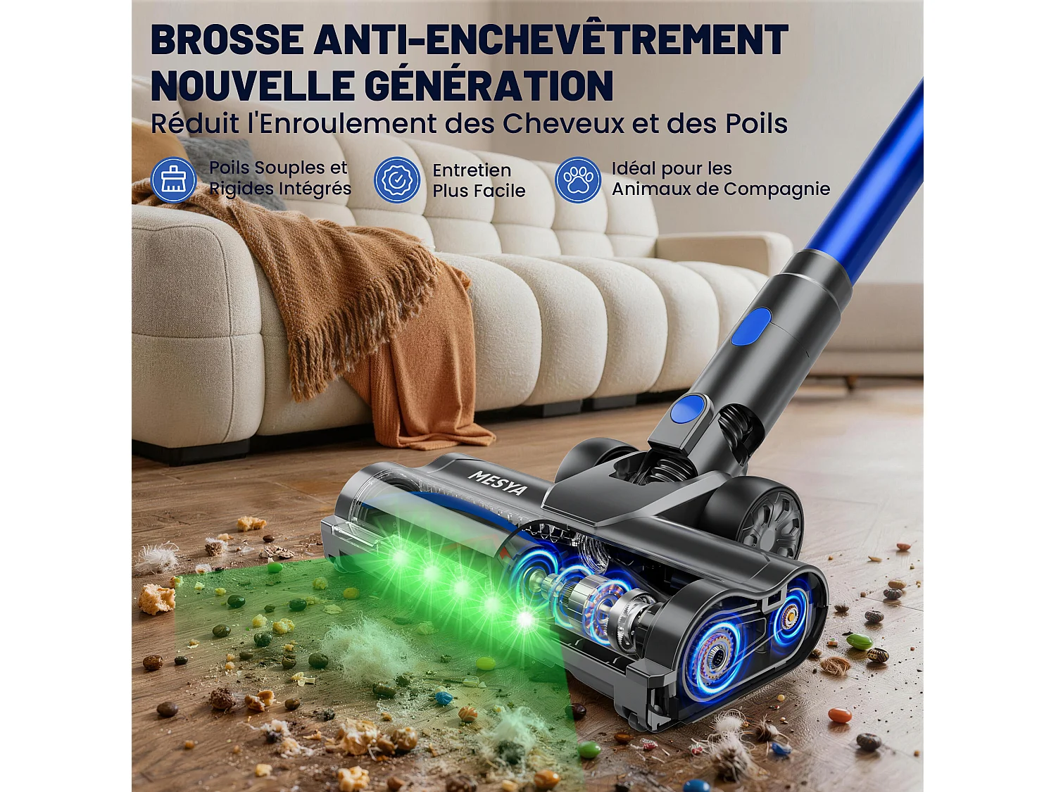 MESYA ZV10 Aspirateur Balai Sans Fil, 650W/70KPa/75Min, LED Tactile/Batterie Amovible, Anti-Emmêlement, Bac 1,6L, Chargeur Mural, Poils & Tapis