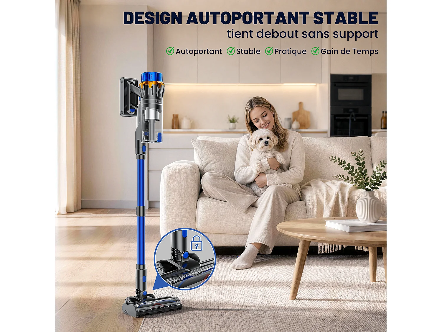 MESYA ZV10 Aspirateur Balai Sans Fil, 650W/70KPa/75Min, LED Tactile/Batterie Amovible, Anti-Emmêlement, Bac 1,6L, Chargeur Mural, Poils & Tapis
