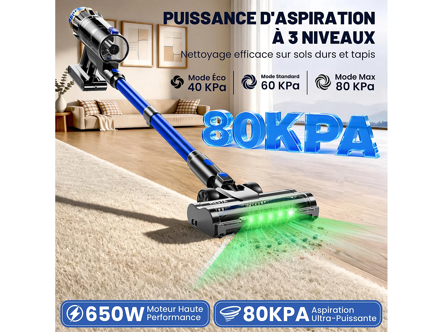 MESYA ZV10 Aspirateur Balai Sans Fil, 650W/70KPa/75Min, LED Tactile/Batterie Amovible, Anti-Emmêlement, Bac 1,6L, Chargeur Mural, Poils & Tapis