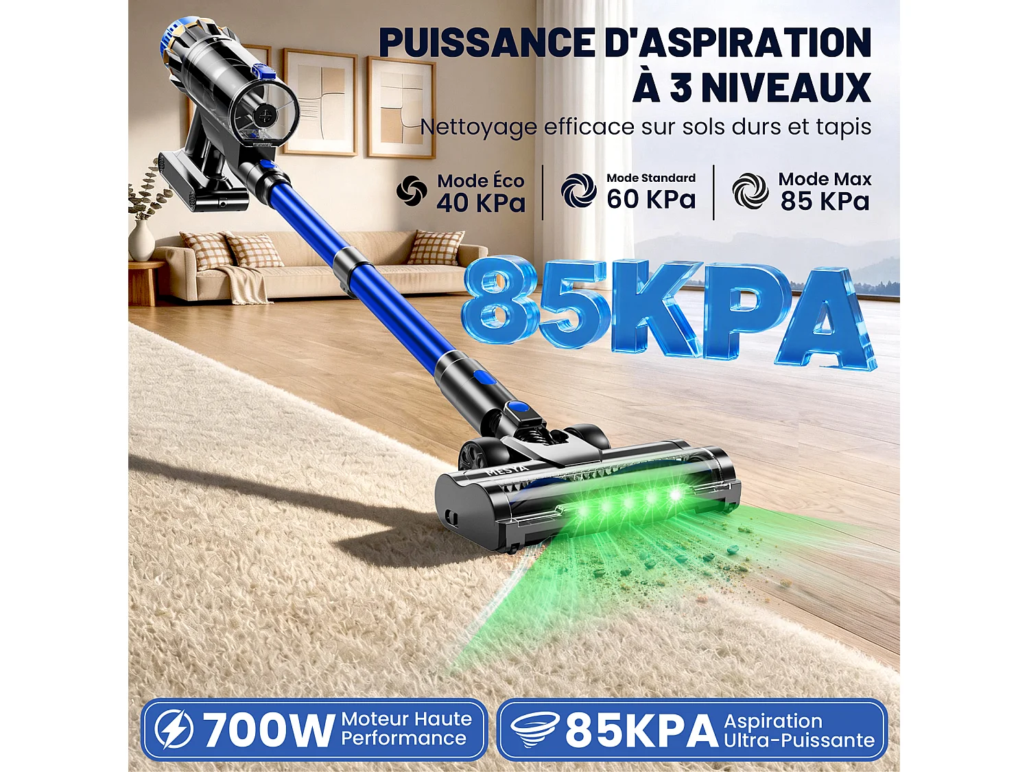 MESYA ZV10 Draadloze steelstofzuiger Aspiration Max 85KPa-700W,Spécial Huisdierenhaar,Anti-klit,90Min,Verwijderbare accu,LED-display