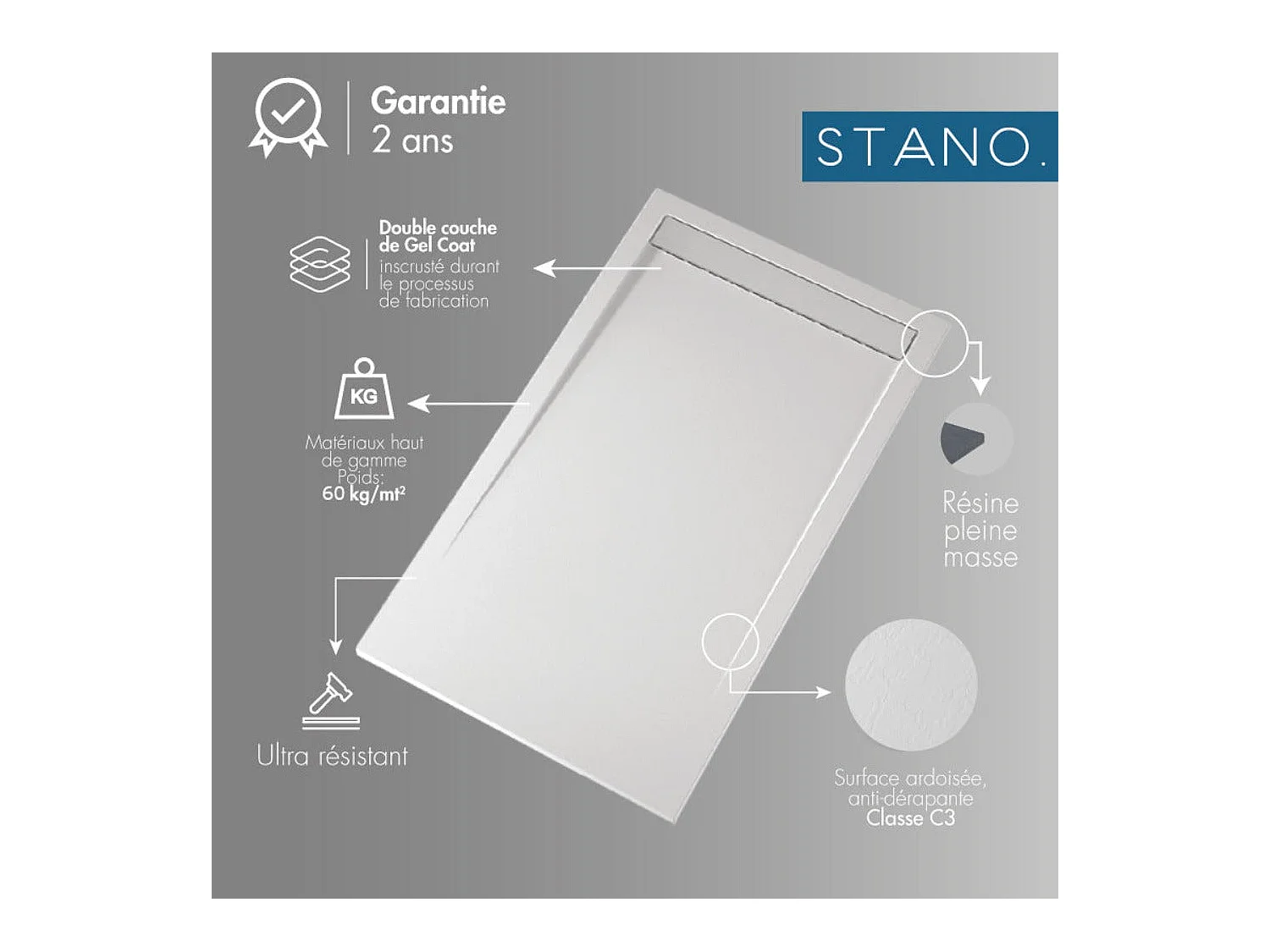 Plato de ducha pizarra CLEVER BLANCO  80x160 cm