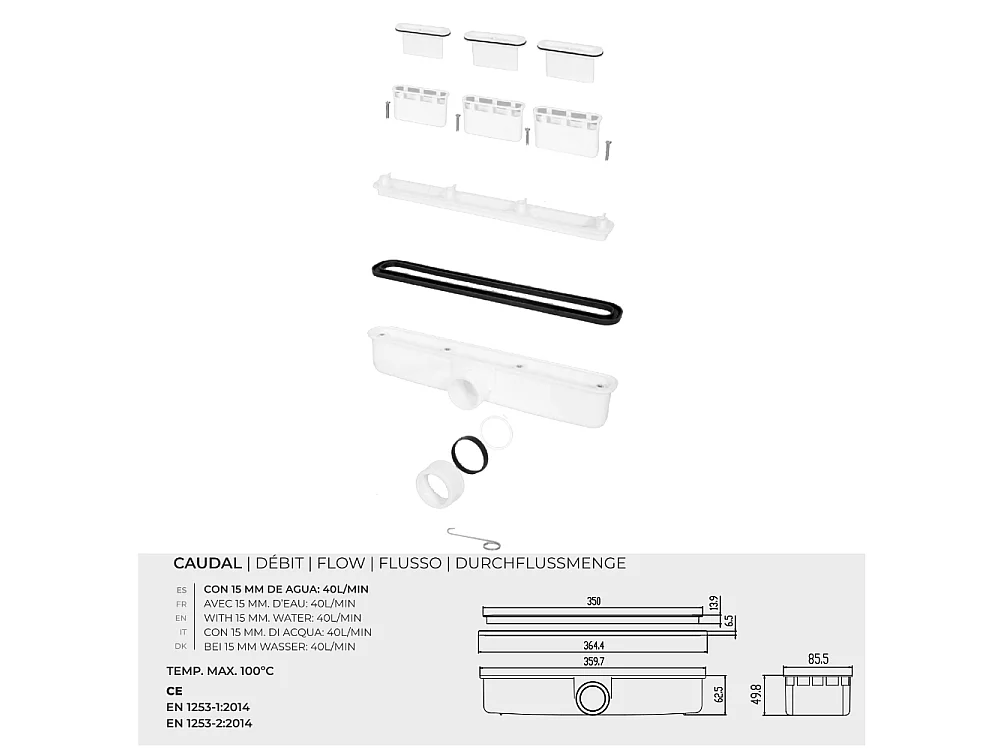 Plato de ducha pizarra CLEVER ceniza  70x150 cm rejilla color