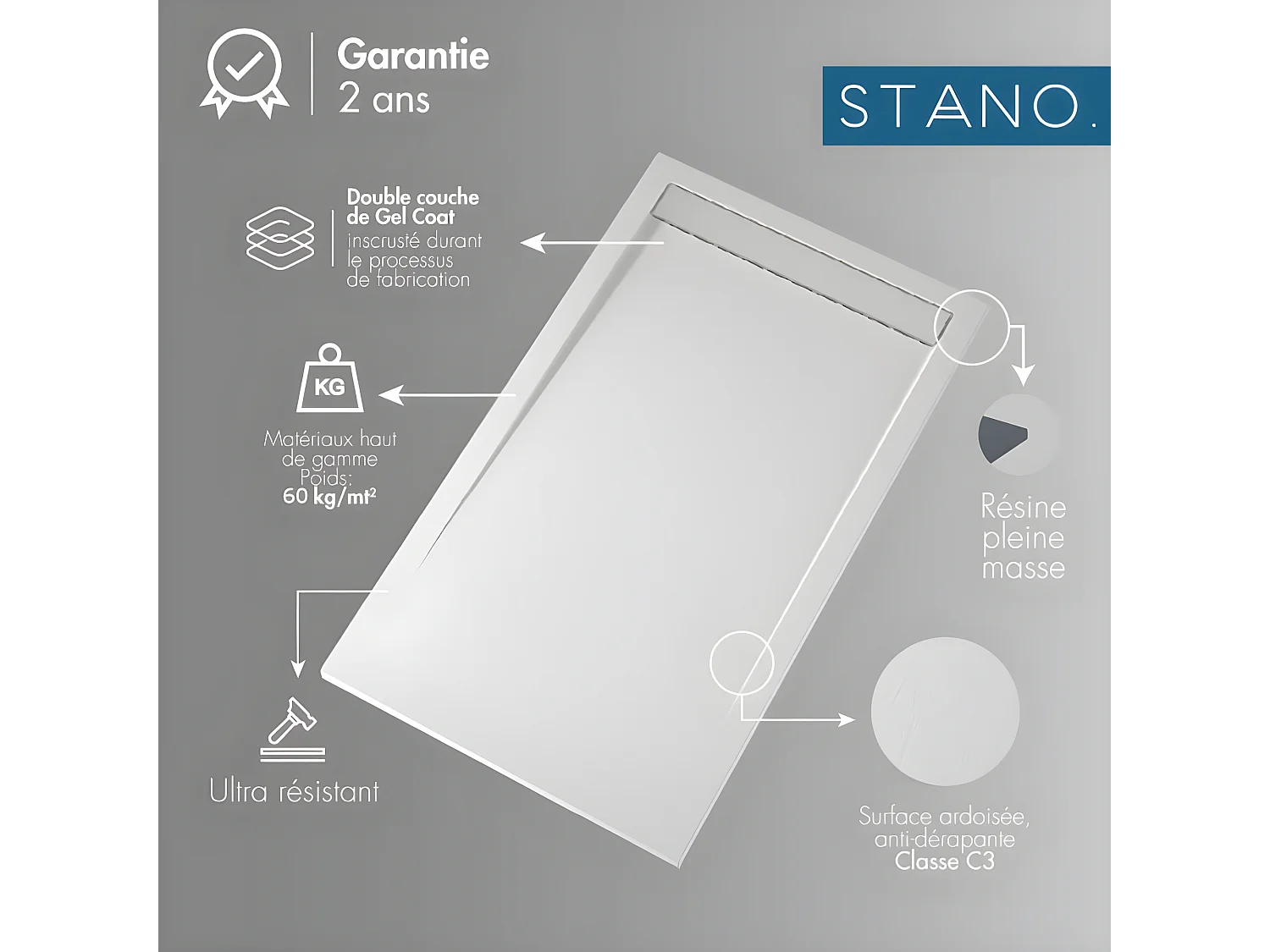 Receveur de douche 90x190 cm extra plat SMART en résine surface ardoisée beige