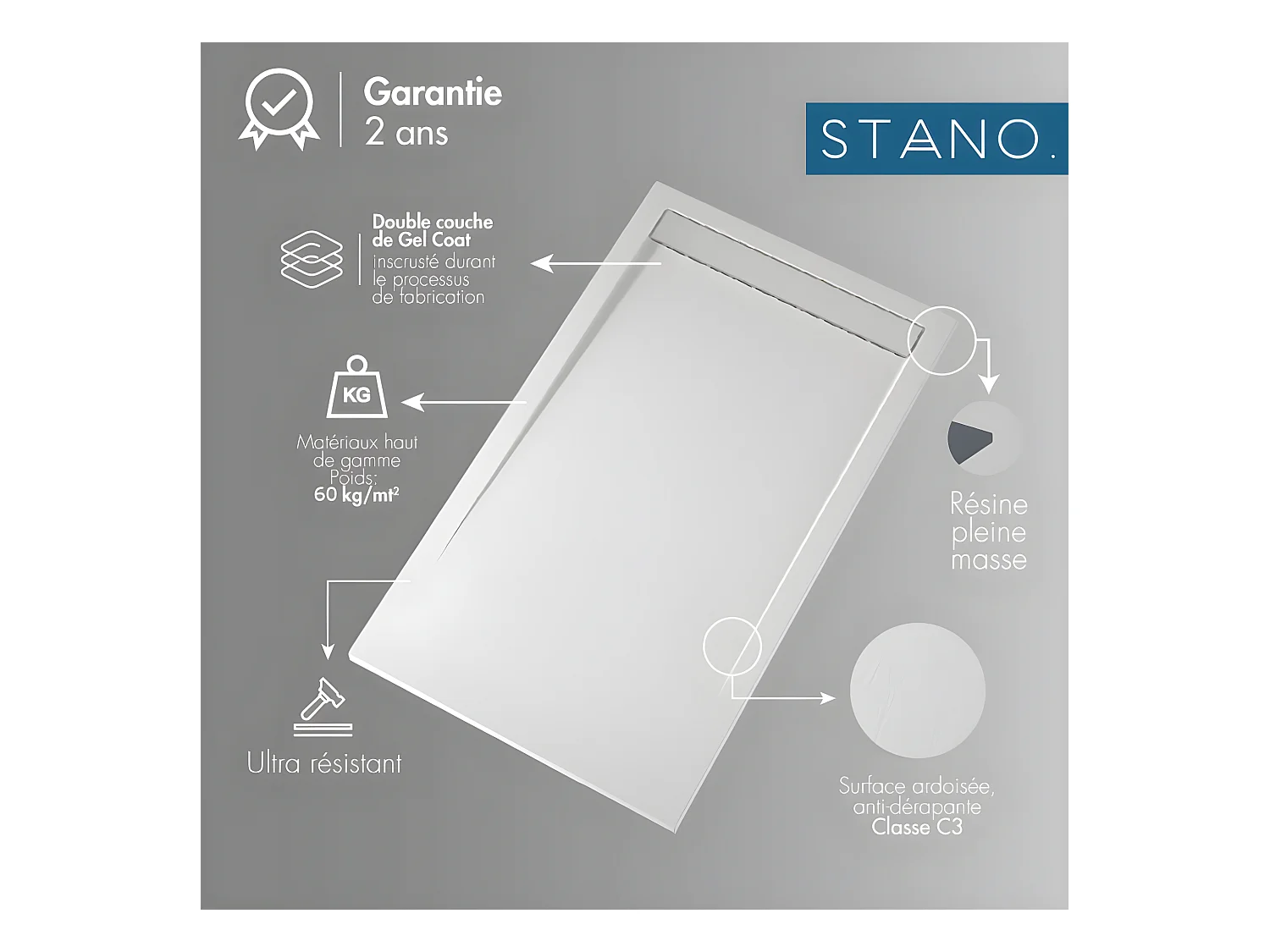 Receveur de douche 80x140 cm extra plat SMART en résine surface ardoisée noir