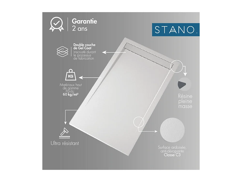 Mineralguss-Duschwanne extra flach CLEVER Schieferoptik GRAU 80x150 cm