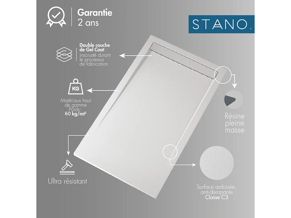 Receveur de douche 80x100 cm extra plat SMART en résine surface ardoisée gris cendre