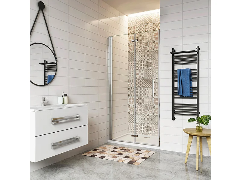 Porte de douche 100x185cm avec receveur de douche blanc 100x90x3cm, porte de douche pivotante et pliante en verre securit anticalcaire