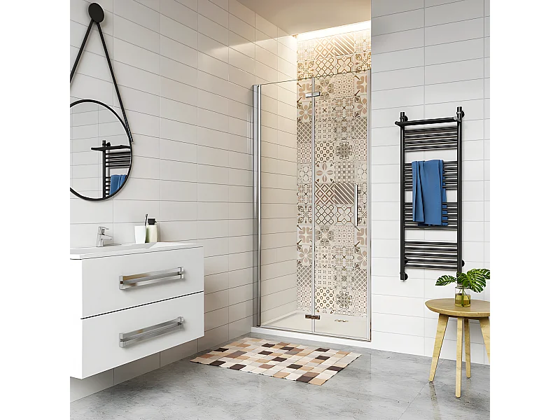 Porte de douche 100x185cm avec receveur de douche blanc 100x70x3cm, porte de douche pivotante et pliante en verre securit anticalcaire