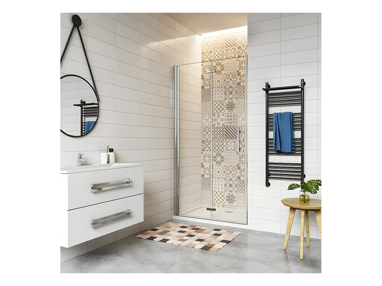 Porte de douche 100x185cm avec receveur de douche blanc 100x70x3cm, porte de douche pivotante et pliante en verre securit anticalcaire