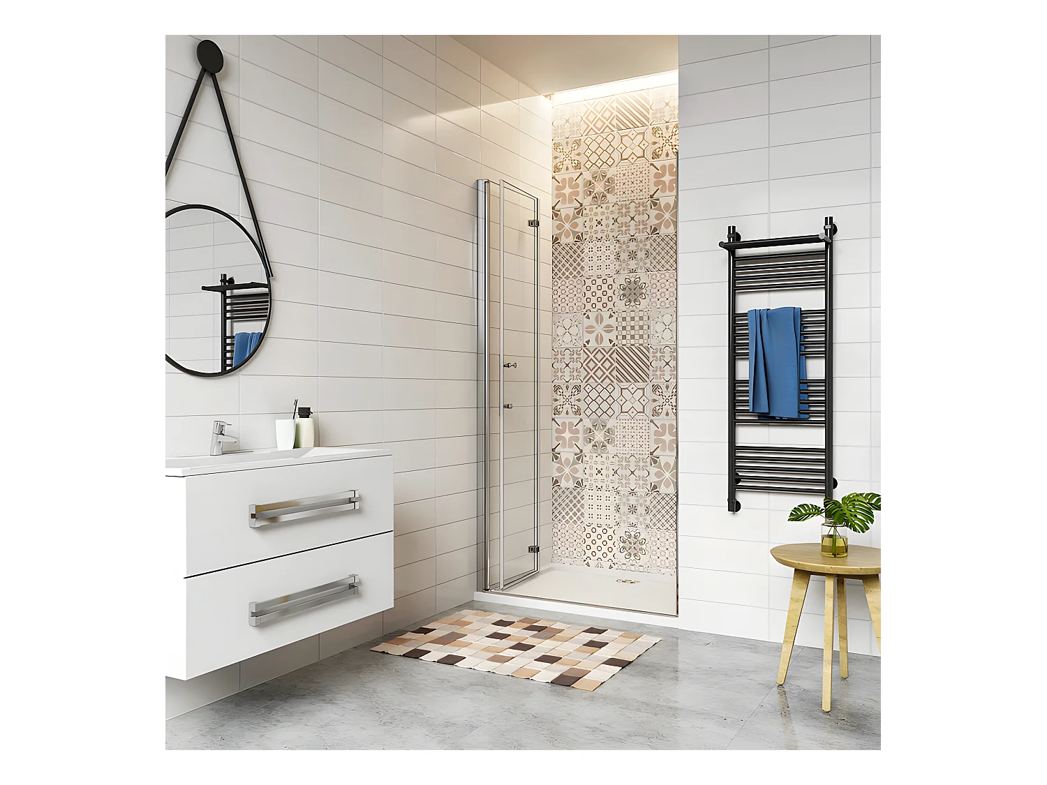 Porte de douche 100x185cm avec receveur de douche blanc 100x70x3cm, porte de douche pivotante et pliante en verre securit anticalcaire