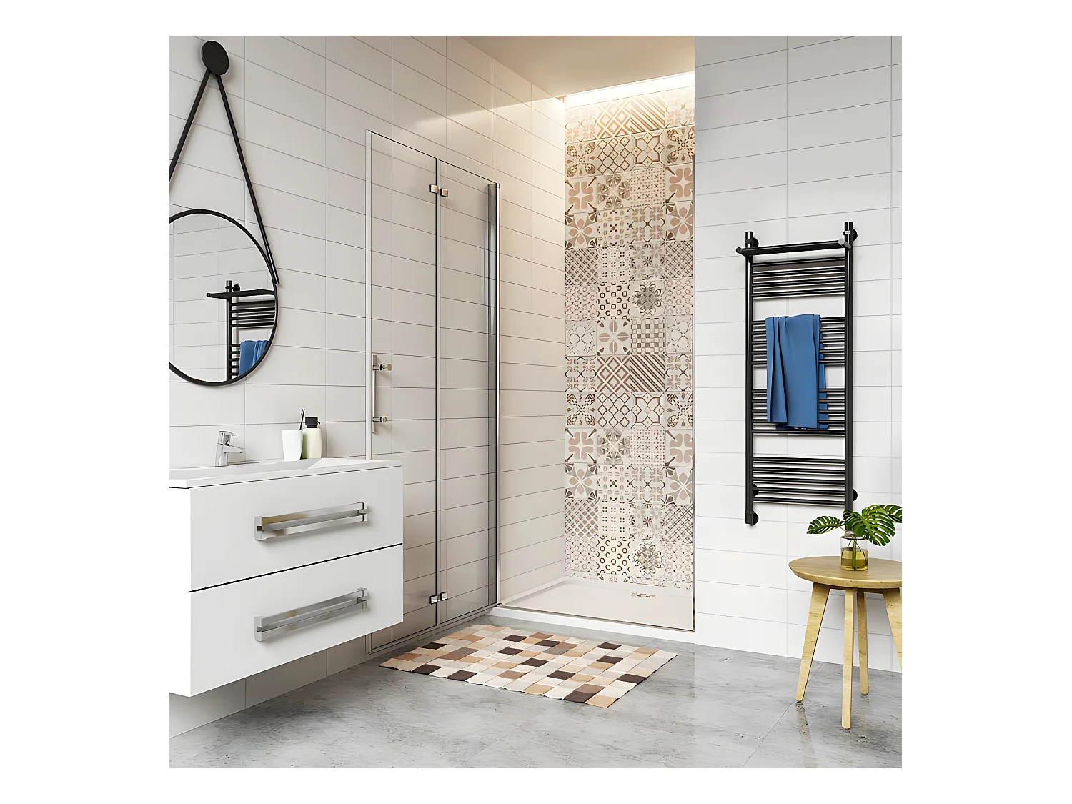 Porte de douche 100x185cm avec receveur de douche blanc 100x70x3cm, porte de douche pivotante et pliante en verre securit anticalcaire