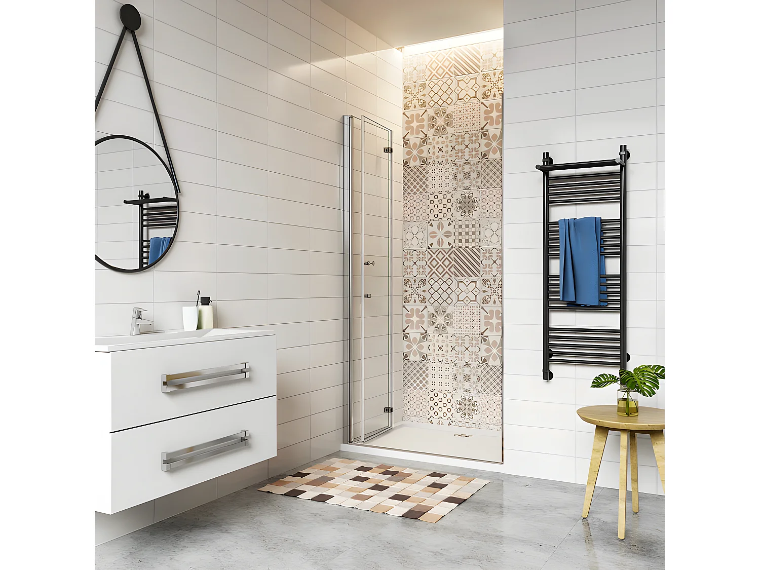 Porte de douche 100x185cm avec receveur de douche blanc 100x70x3cm, porte de douche pivotante et pliante en verre securit anticalcaire