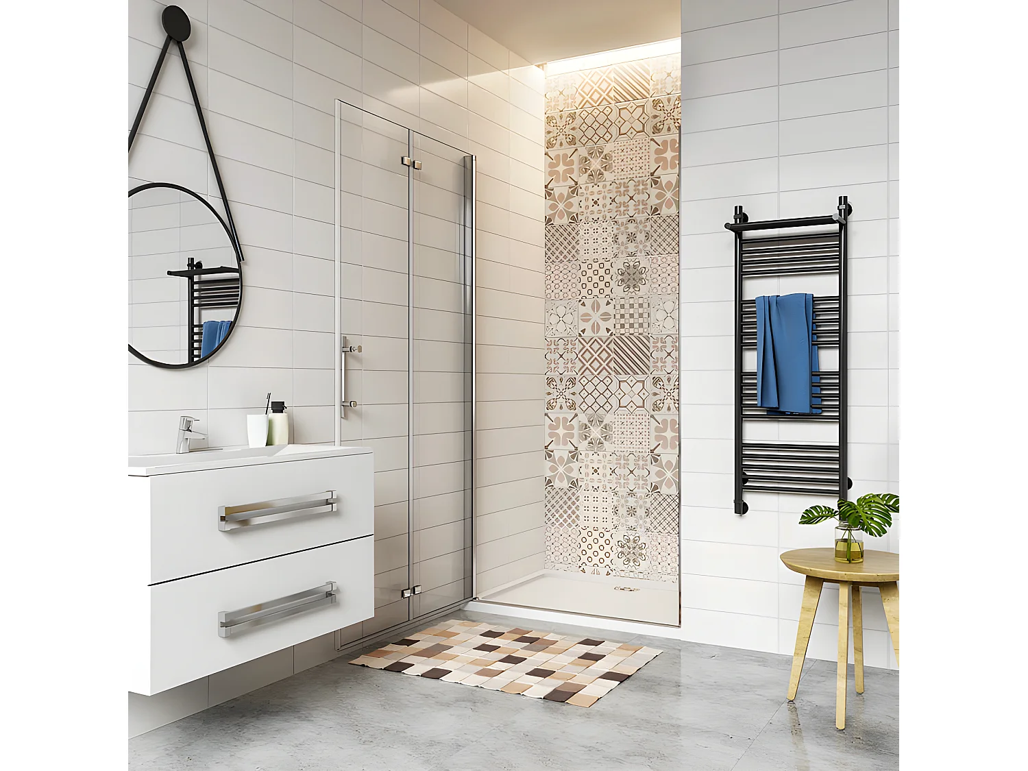 Porte de douche 100x185cm avec receveur de douche blanc 100x70x3cm, porte de douche pivotante et pliante en verre securit anticalcaire