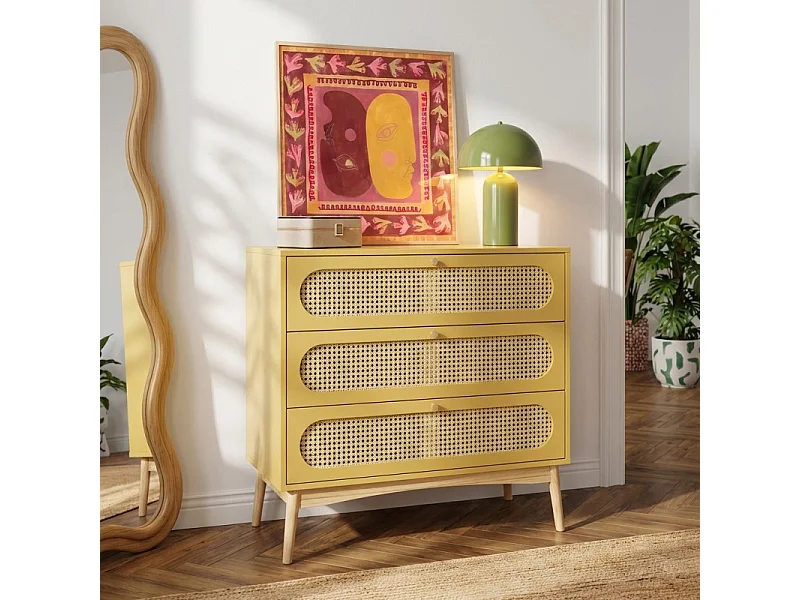 Commode SIXTINE jaune safran et cannage rotin 3 tiroirs