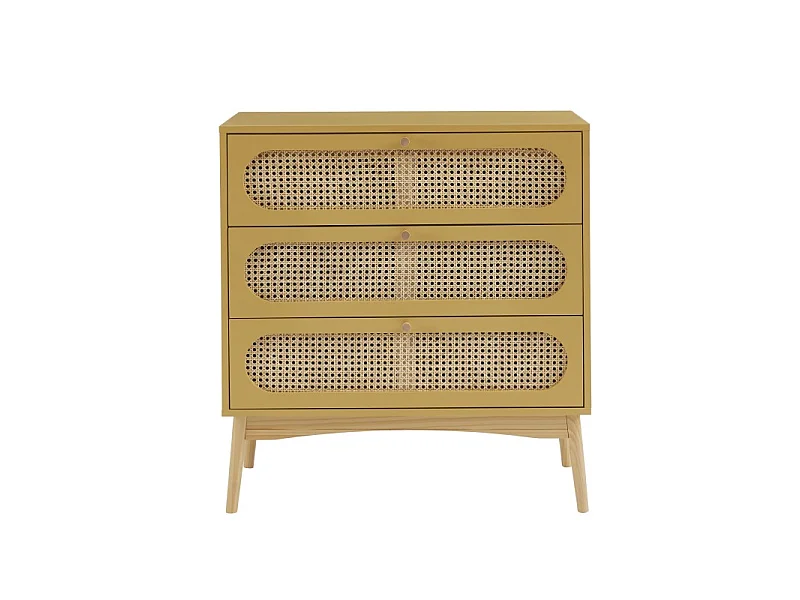 Commode SIXTINE jaune safran et cannage rotin 3 tiroirs