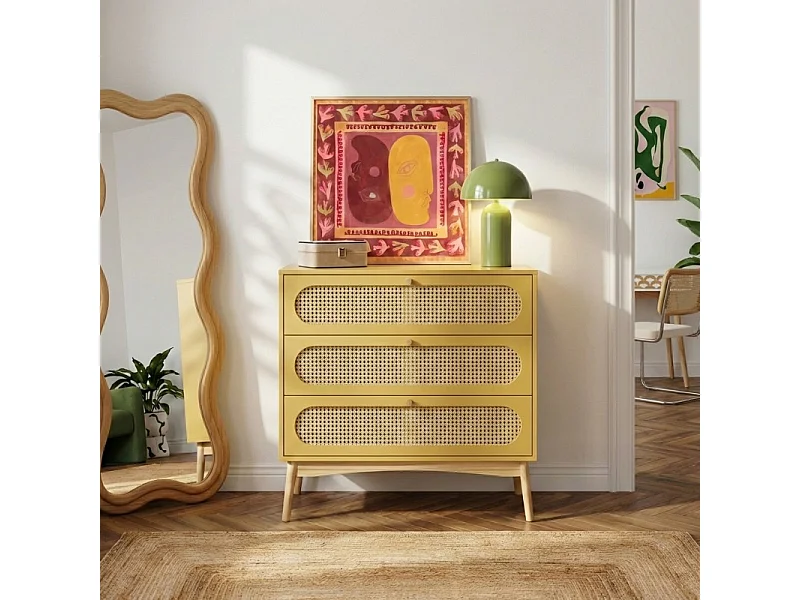 Commode SIXTINE jaune safran et cannage rotin 3 tiroirs