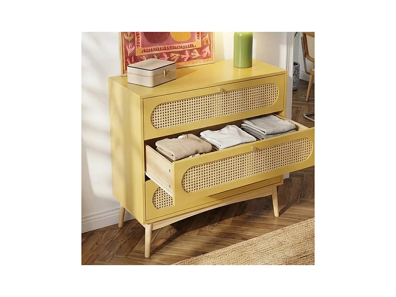 Commode SIXTINE jaune safran et cannage rotin 3 tiroirs
