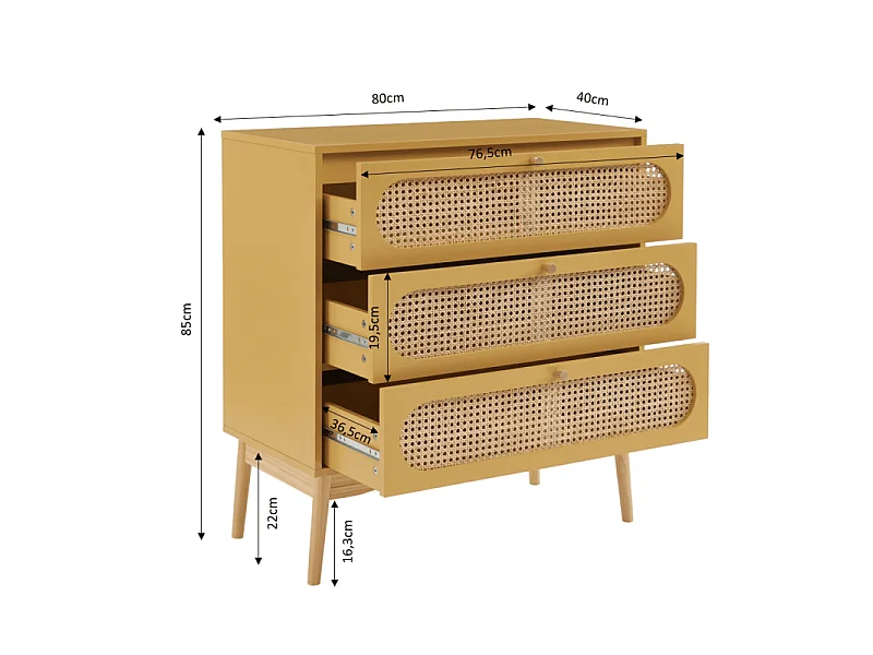 Commode SIXTINE jaune safran et cannage rotin 3 tiroirs