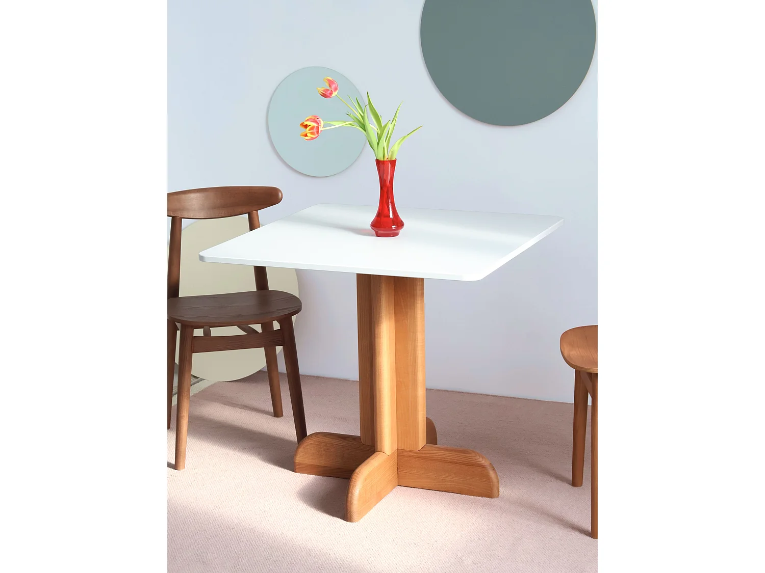 Mesa de jantar quadrada Dega 80x80 cm, 2 pessoas – Branco | Pé de freixo tingido carvalho