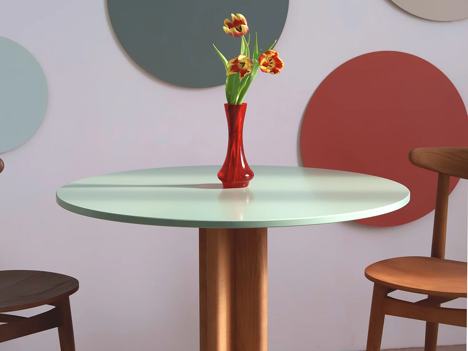 Table à manger ronde Dega Ø 80 cm, 2 personnes - Vert Sauge | Pied en frêne teinté chêne