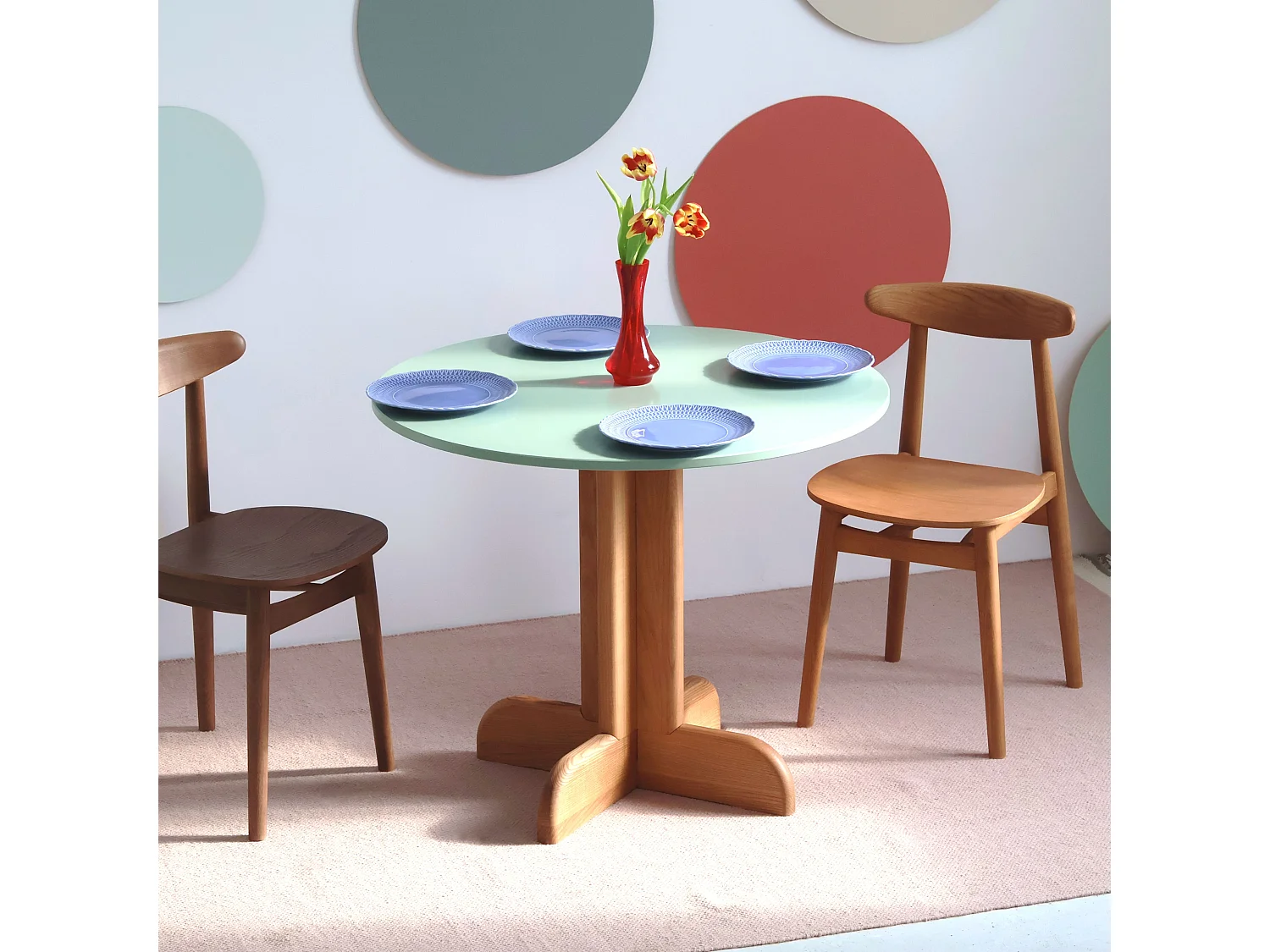 Table à manger ronde Dega Ø 80 cm, 2 personnes - Blanc | Pied en frêne naturel
