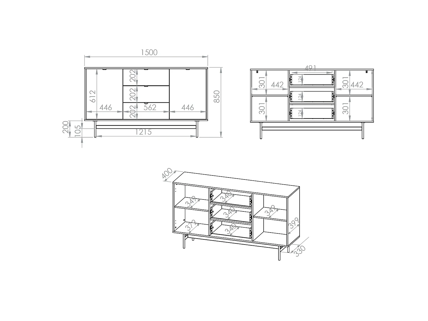 Dressoir Heggers met 2 deuren en 3 lades, Mavelie eiken, 150cm