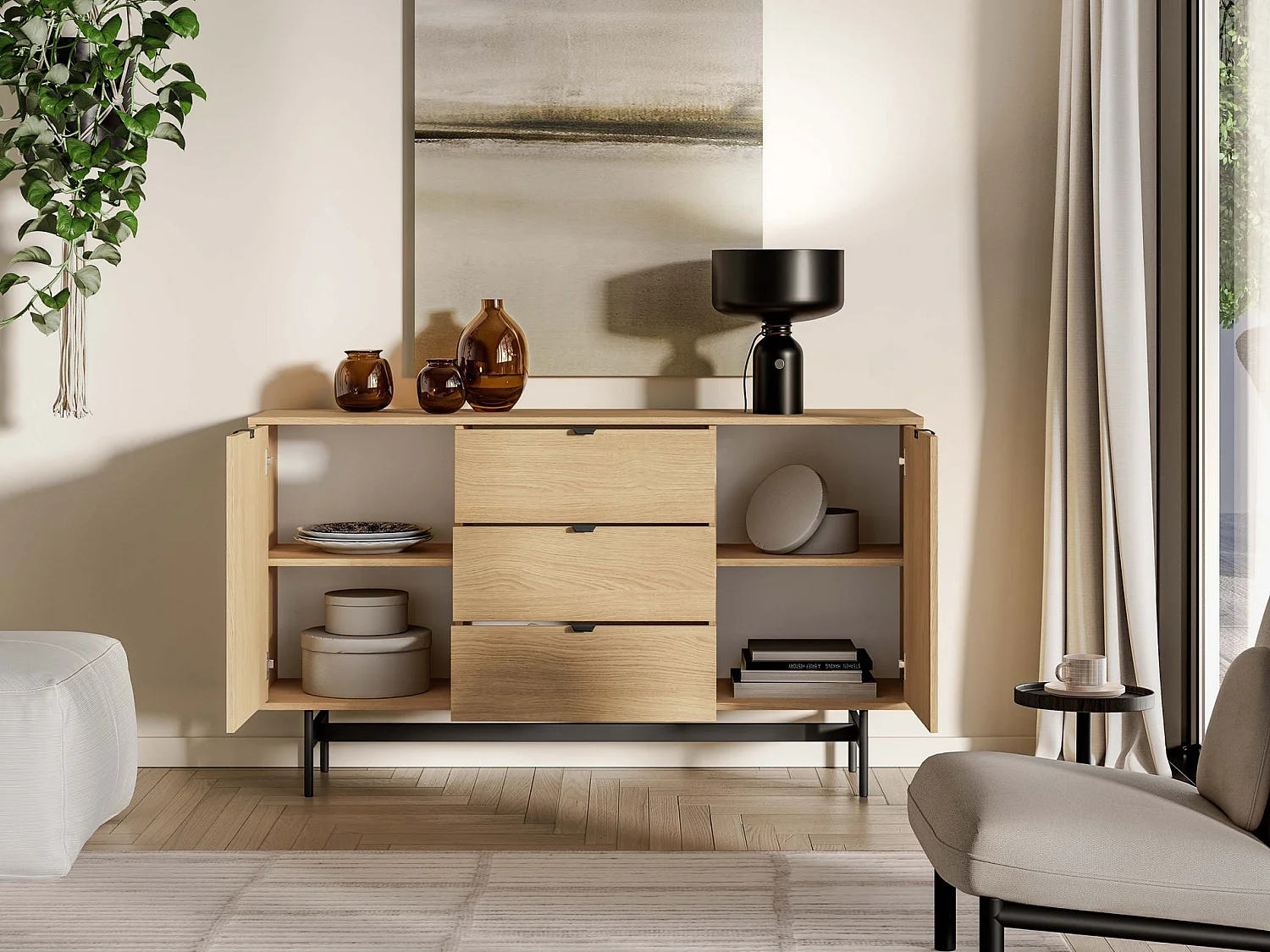 Dressoir Heggers met 2 deuren en 3 lades, Mavelie eiken, 150cm