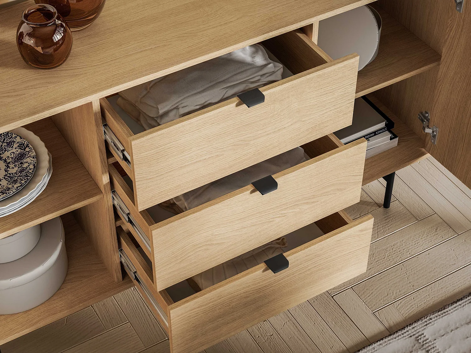 Dressoir Heggers met 2 deuren en 3 lades, Mavelie eiken, 150cm