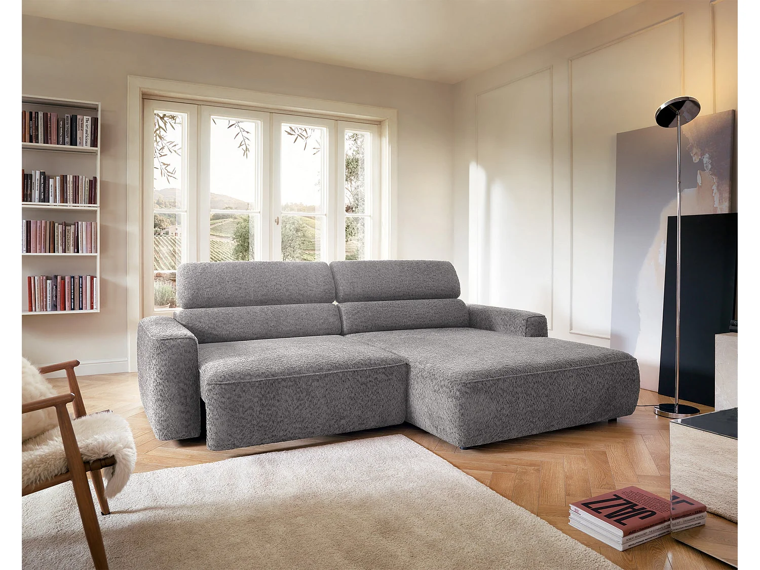 Canapé d’angle avec assise électrique – angle droit – Gris clair – Chenille – FANDO