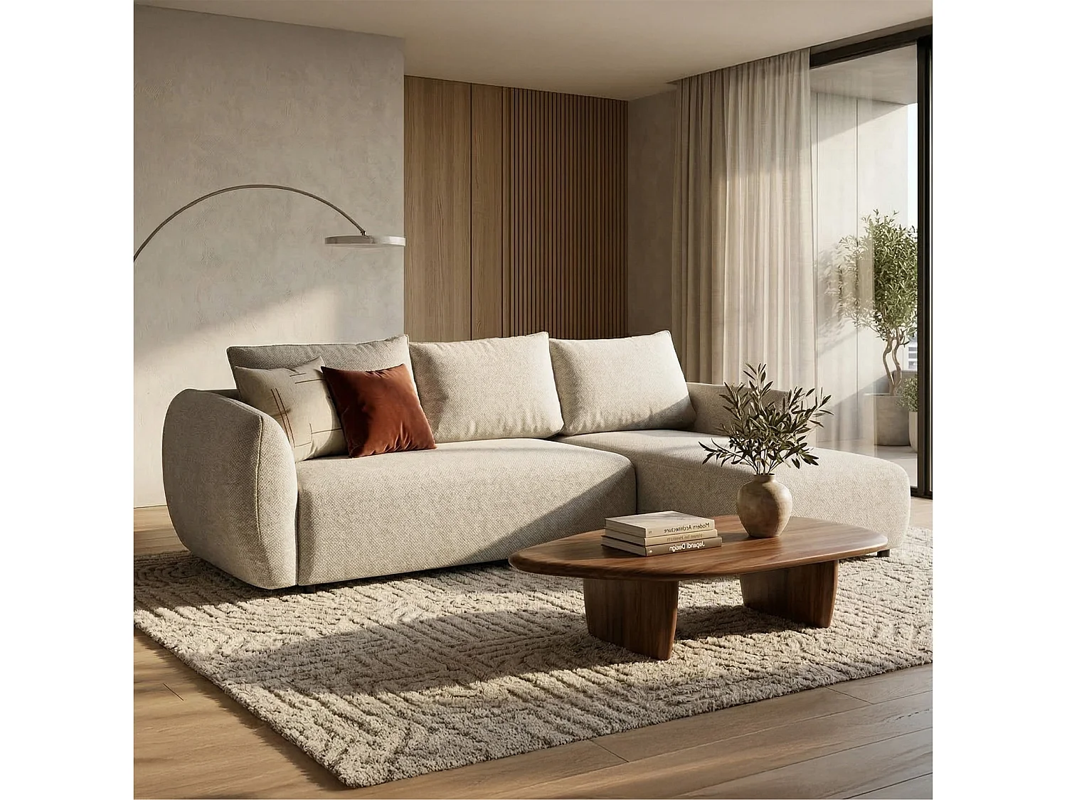 Canapé d'angle convertible en L - chenille beige clair - avec deux coffres - ZORDO droitier