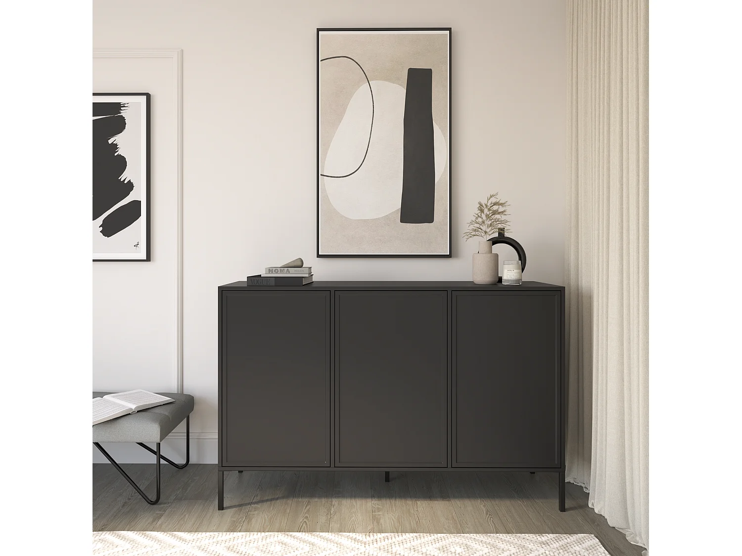 Dressoir met 3 deuren, Zwart, 150 cm - VELVETO