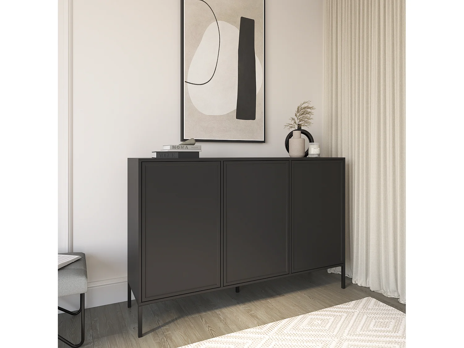 Dressoir met 3 deuren, Zwart, 150 cm - VELVETO
